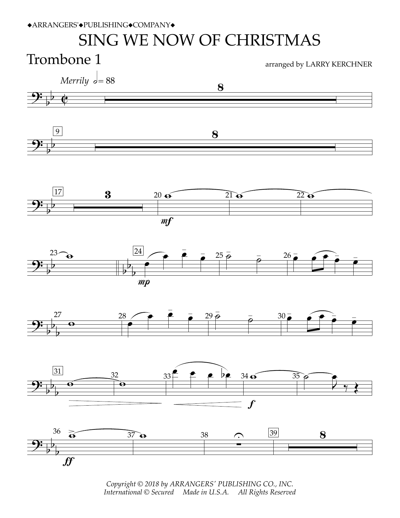 Traditional French Carol Sing We Now of Christmas (arr. Larry Kerchner) - Trombone 1 Sheet Music Notes & Chords for Concert Band - Download or Print PDF