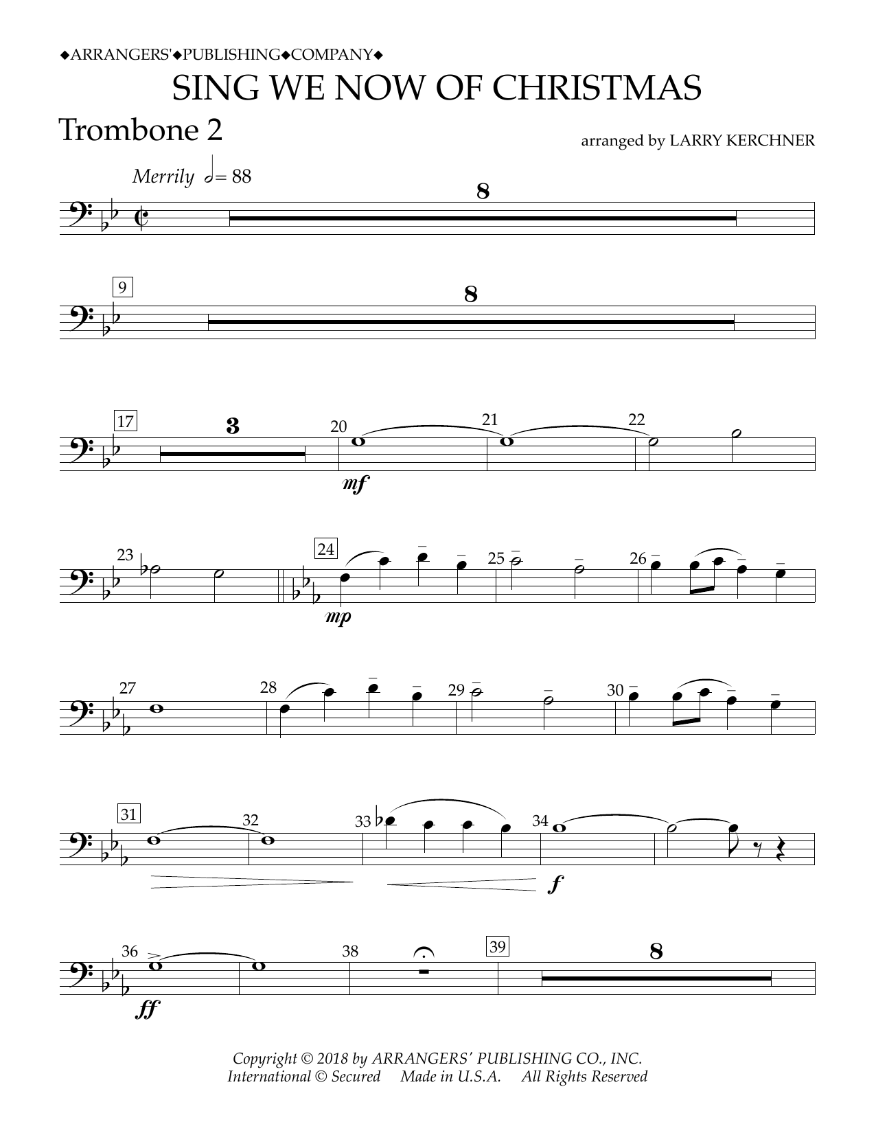 Traditional French Carol Sing We Now of Christmas (arr. Larry Kerchner) - Trombone 2 Sheet Music Notes & Chords for Concert Band - Download or Print PDF