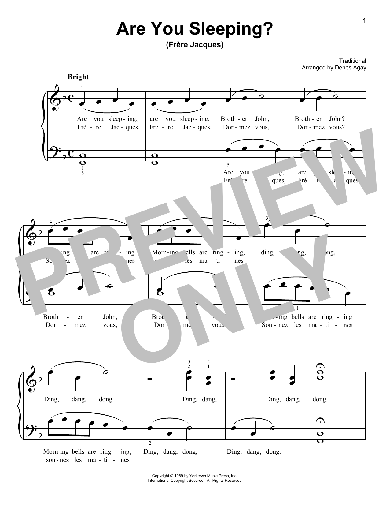 Traditional Frere Jacques (Are You Sleeping?) (arr. Denes Agay) Sheet Music Notes & Chords for Easy Piano - Download or Print PDF