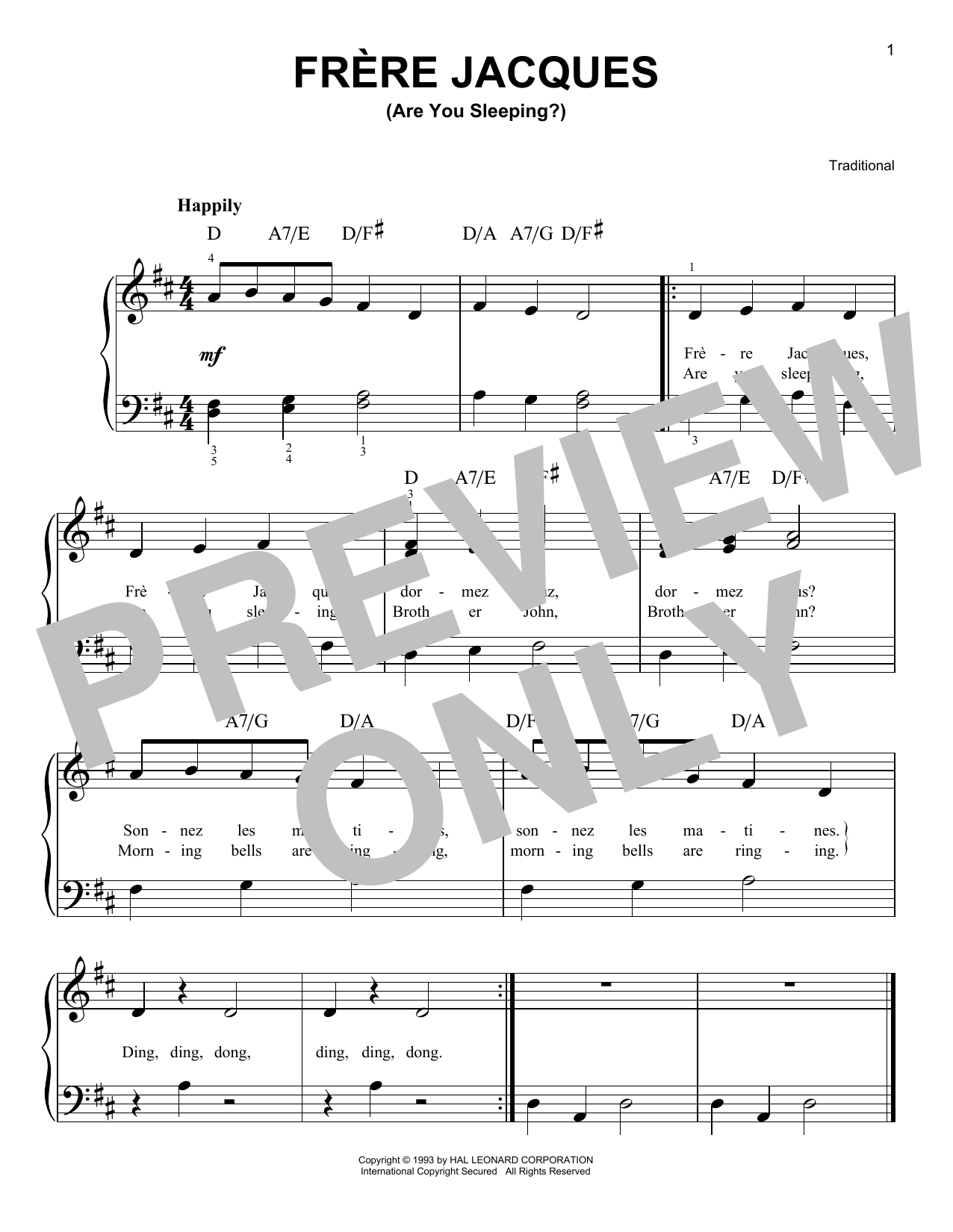 Traditional Frere Jacques (Are You Sleeping?) Sheet Music Notes & Chords for Melody Line, Lyrics & Chords - Download or Print PDF