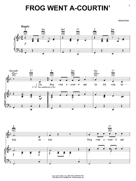 Traditional Frog Went A-Courtin' Sheet Music Notes & Chords for Piano, Vocal & Guitar (Right-Hand Melody) - Download or Print PDF