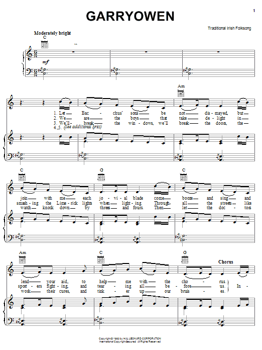 Traditional Gary Owen Sheet Music Notes & Chords for Piano, Vocal & Guitar (Right-Hand Melody) - Download or Print PDF