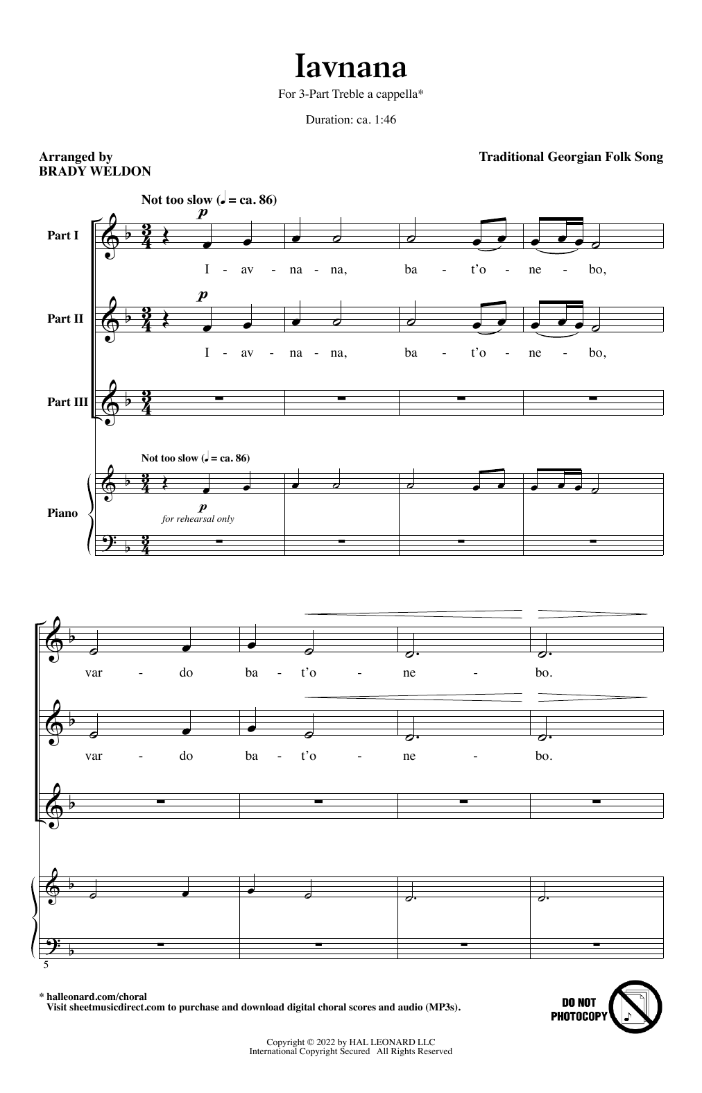 Traditional Georgian Folk Song Iavnana (arr. Brady Weldon) Sheet Music Notes & Chords for 3-Part Treble Choir - Download or Print PDF
