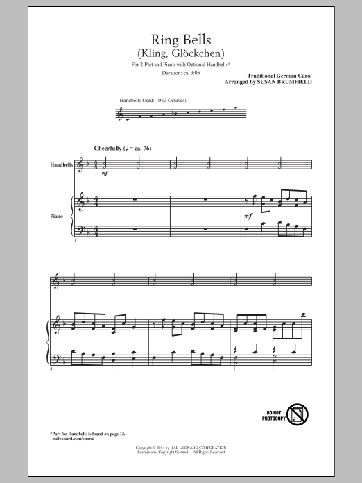 Traditional German Carol Kling, Glockchen (Ring, Merry Bell) (arr. Susan Brumfield) Sheet Music Notes & Chords for 2-Part Choir - Download or Print PDF