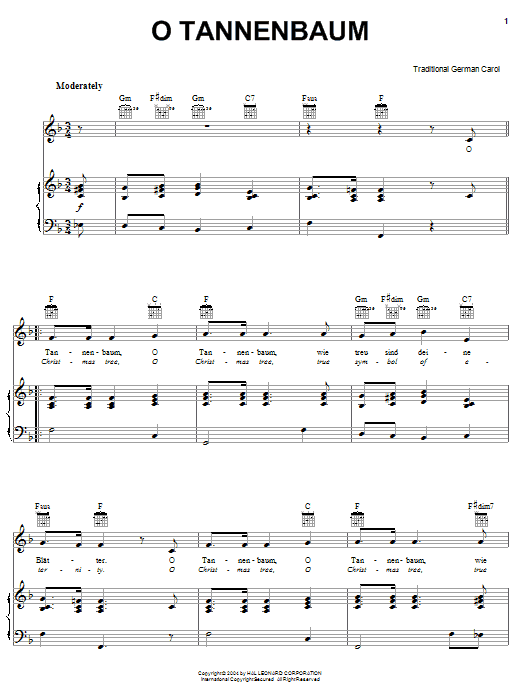 Traditional German Carol O Tannenbaum Sheet Music Notes & Chords for Piano, Vocal & Guitar (Right-Hand Melody) - Download or Print PDF