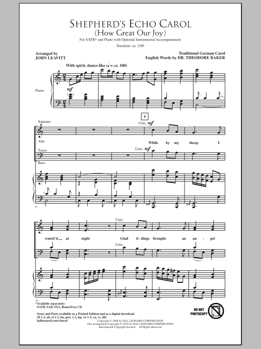 John Leavitt Shepherd's Echo Carol (How Great Our Joy) Sheet Music Notes & Chords for SSA - Download or Print PDF