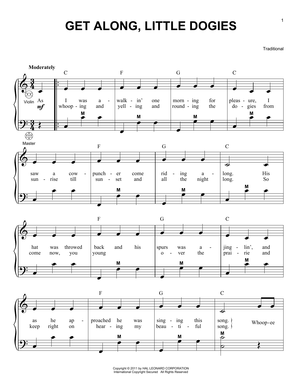 Traditional Get Along, Little Dogies Sheet Music Notes & Chords for Piano, Vocal & Guitar (Right-Hand Melody) - Download or Print PDF