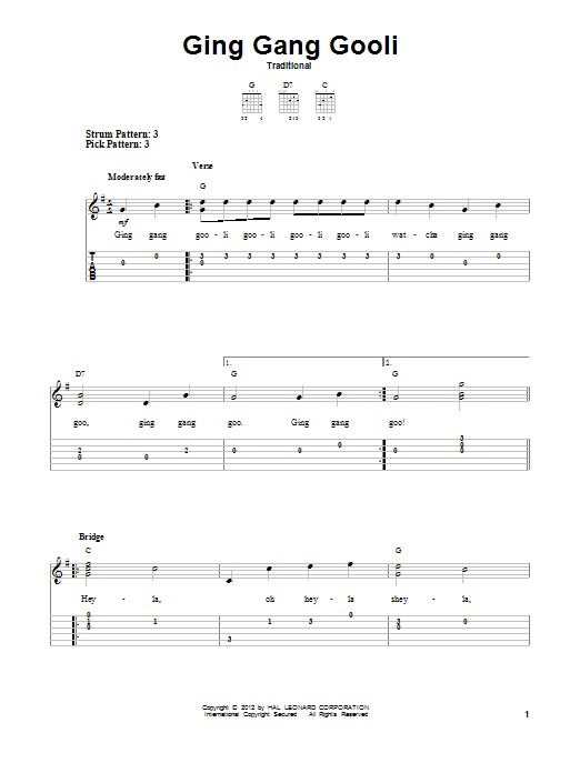 Traditional Ging Gang Gooli Sheet Music Notes & Chords for Easy Guitar Tab - Download or Print PDF