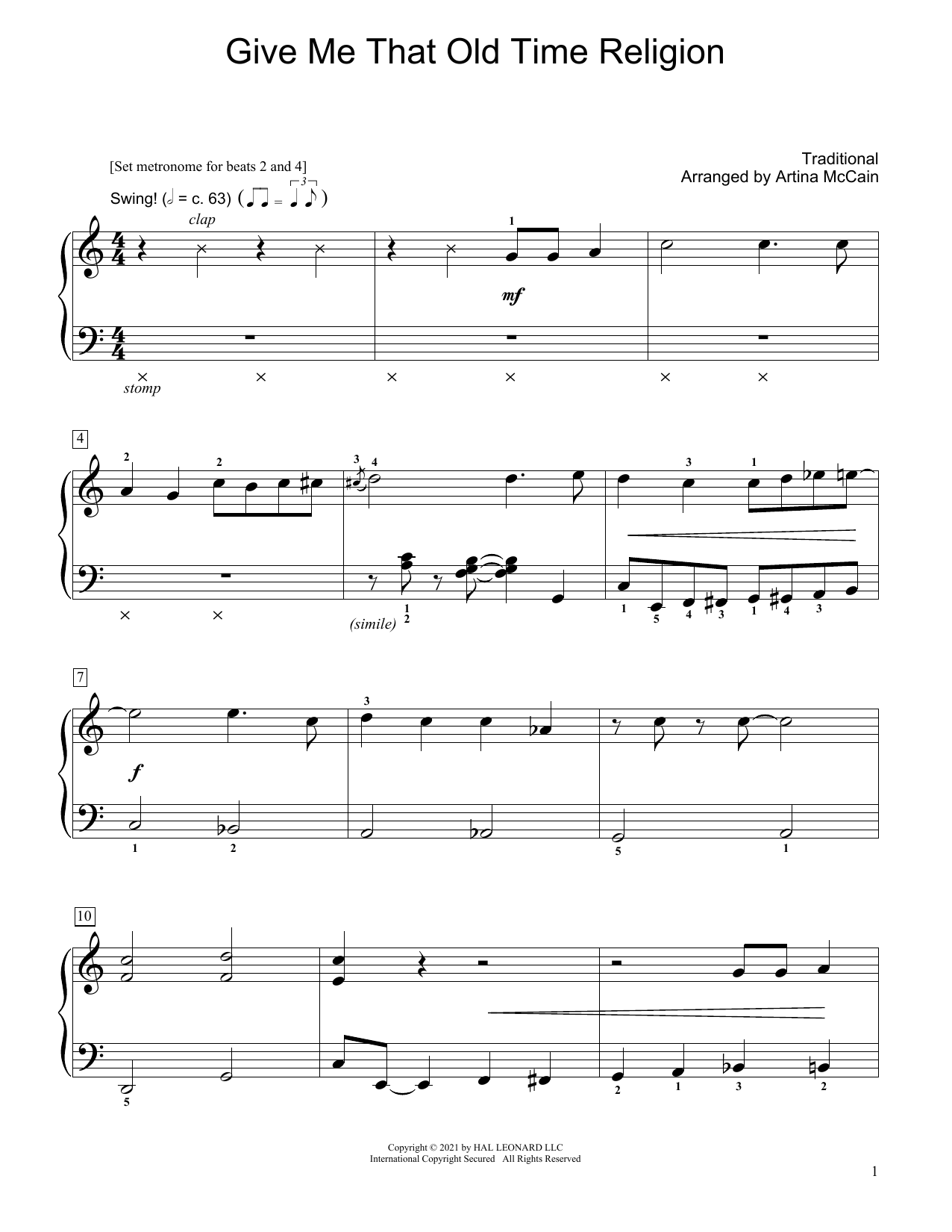 Traditional Give Me That Old Time Religion (arr. Artina McCain) Sheet Music Notes & Chords for Educational Piano - Download or Print PDF