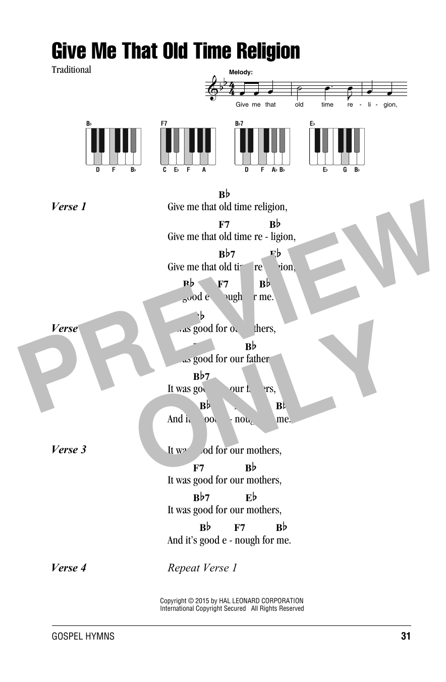 Traditional Give Me That Old Time Religion Sheet Music Notes & Chords for 5-Finger Piano - Download or Print PDF