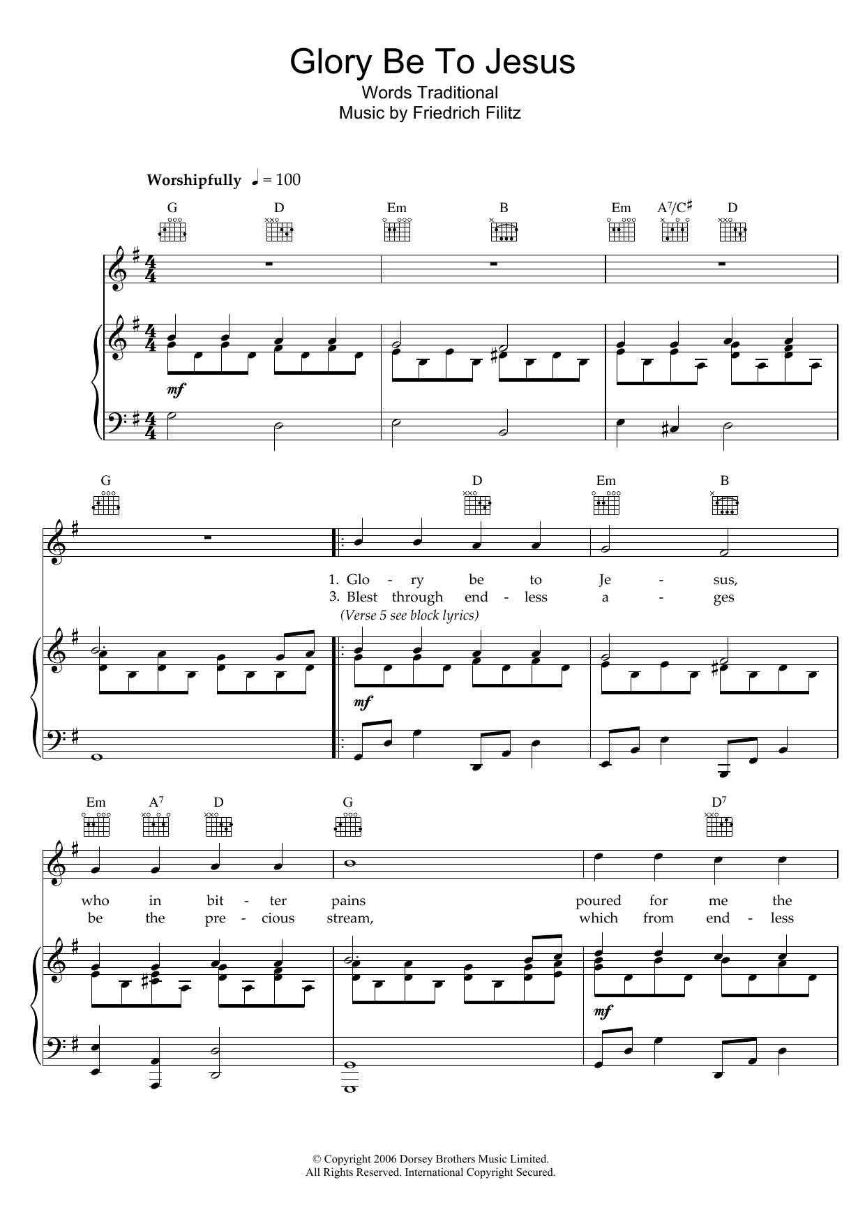 Traditional Glory Be To Jesus Sheet Music Notes & Chords for Piano, Vocal & Guitar (Right-Hand Melody) - Download or Print PDF