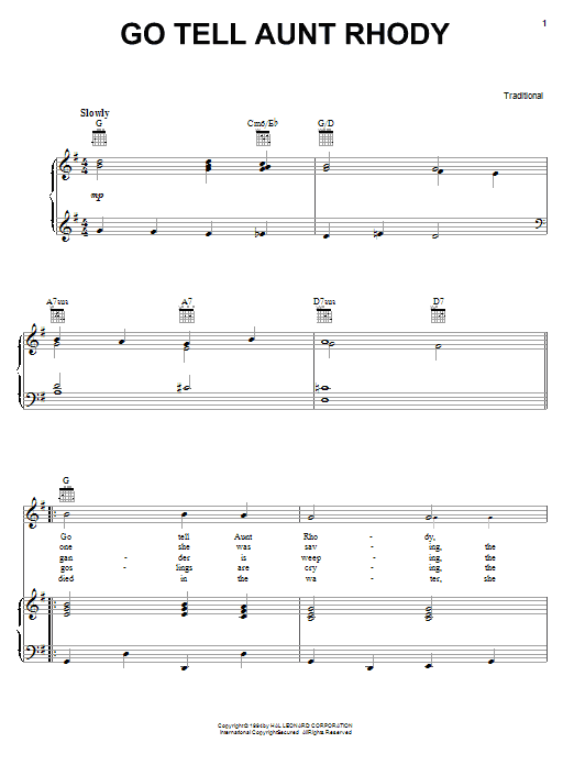 Traditional Go Tell Aunt Rhody Sheet Music Notes & Chords for Piano, Vocal & Guitar (Right-Hand Melody) - Download or Print PDF