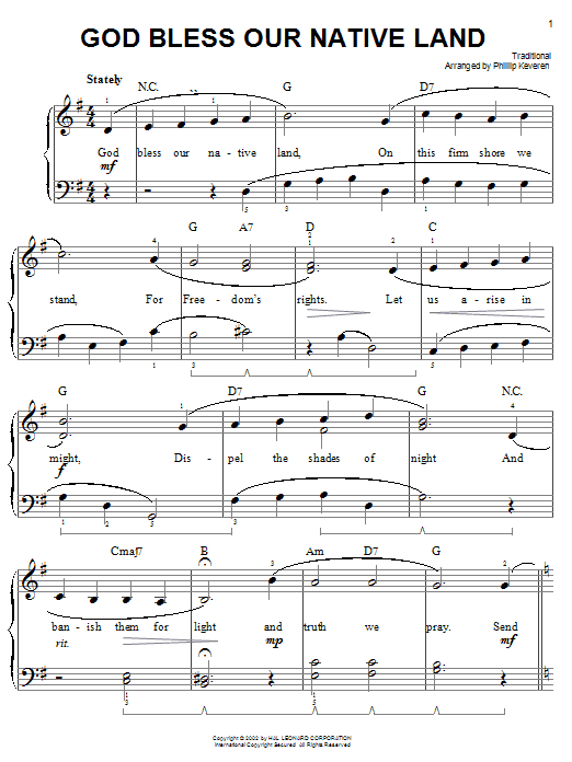 Traditional God Bless Our Native Land Sheet Music Notes & Chords for Easy Piano - Download or Print PDF