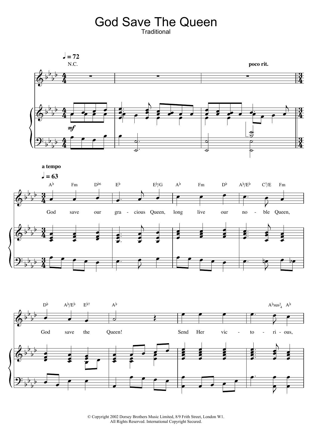 Traditional God Save The Queen (UK National Anthem) Sheet Music Notes & Chords for Piano, Vocal & Guitar (Right-Hand Melody) - Download or Print PDF