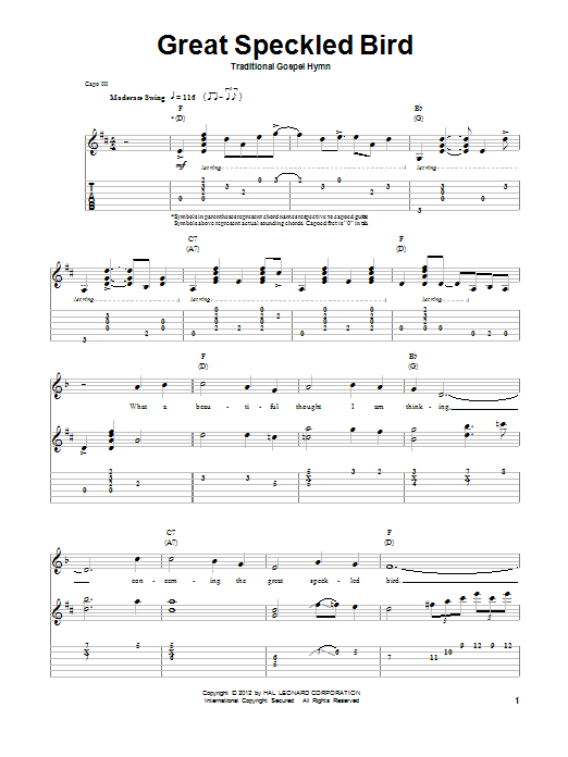 Traditional Gospel Hymn Great Speckled Bird Sheet Music Notes & Chords for Guitar Tab Play-Along - Download or Print PDF