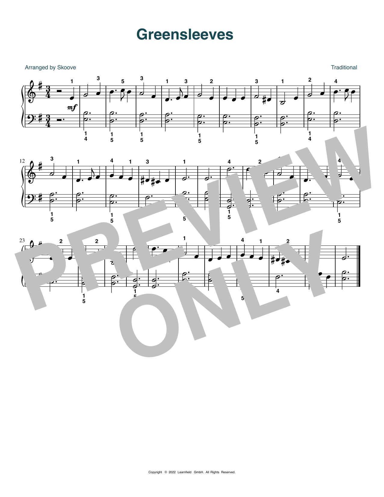 Traditional Greensleeves (arr. Skoove) Sheet Music Notes & Chords for Easy Piano - Download or Print PDF