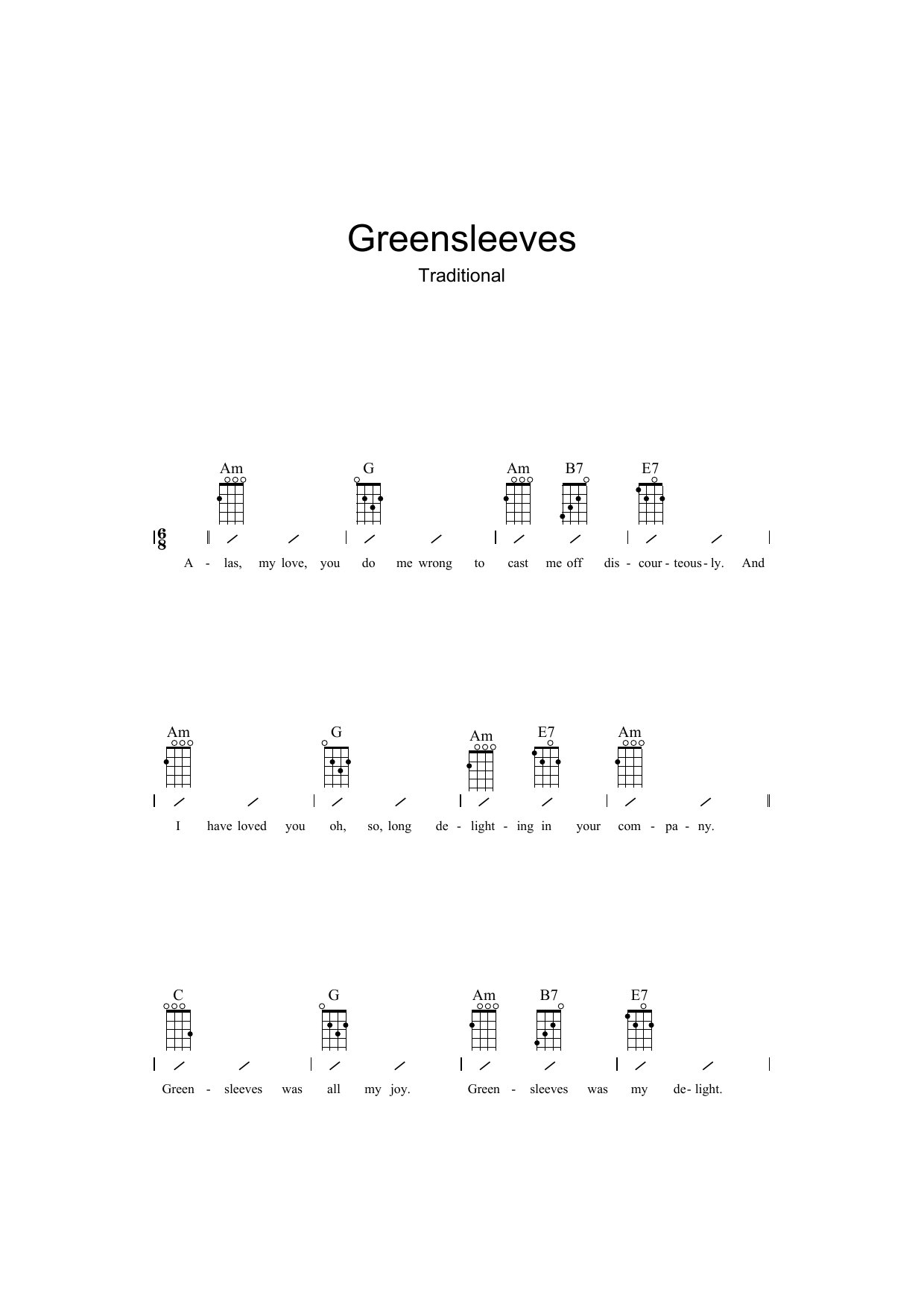 Traditional Greensleeves Sheet Music Notes & Chords for Ukulele with strumming patterns - Download or Print PDF