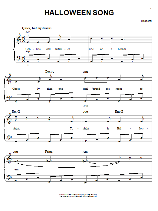 Traditional Halloween Song Sheet Music Notes & Chords for Easy Piano - Download or Print PDF