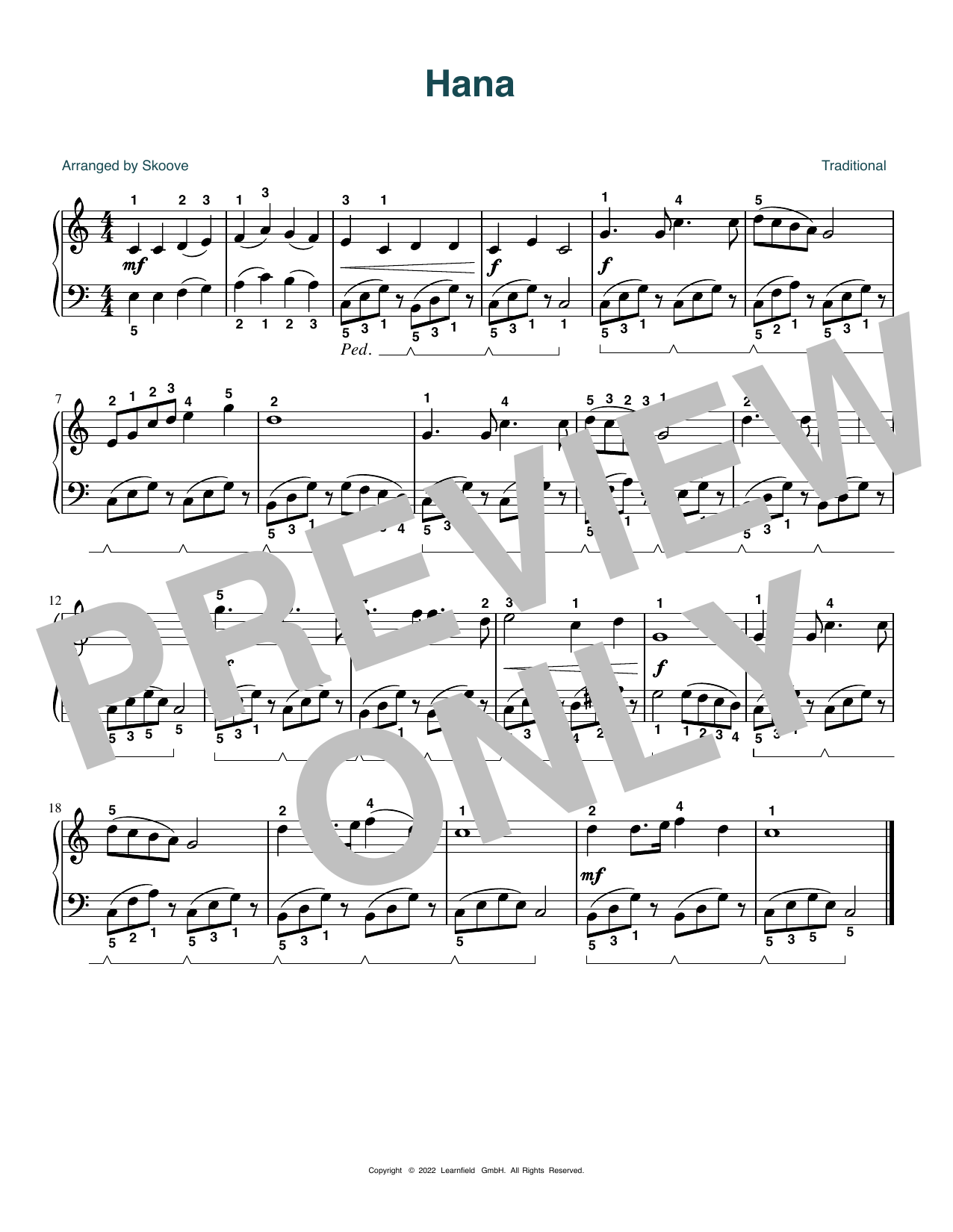 Traditional Hana (arr. Skoove) Sheet Music Notes & Chords for Easy Piano - Download or Print PDF