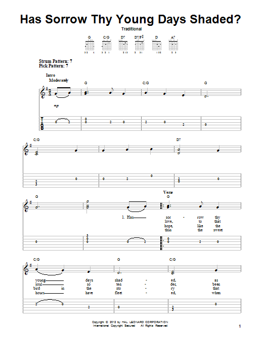 Traditional Has Sorrow Thy Young Days Shaded? Sheet Music Notes & Chords for Easy Guitar Tab - Download or Print PDF