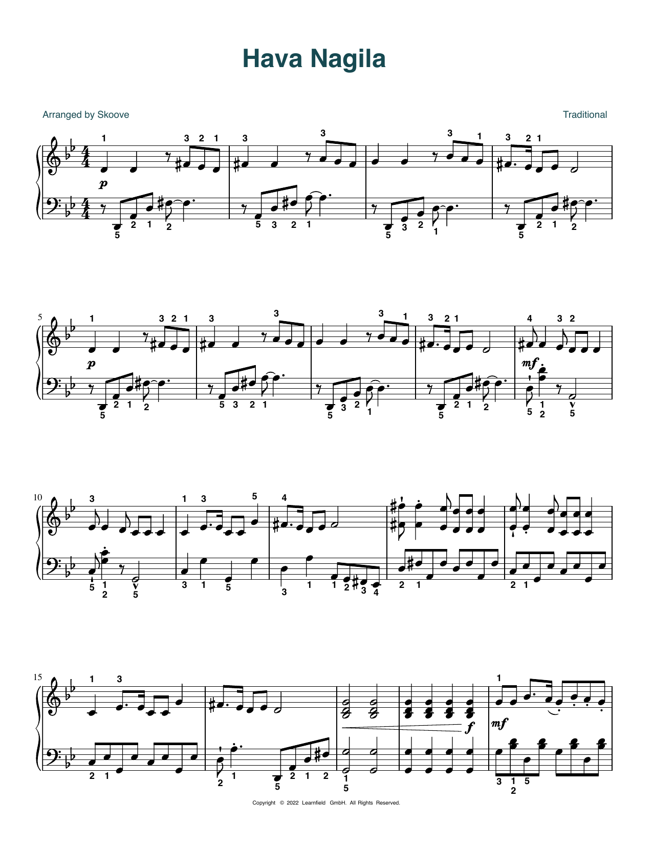 Traditional Hava Nagila (arr. Skoove) Sheet Music Notes & Chords for Piano Solo - Download or Print PDF