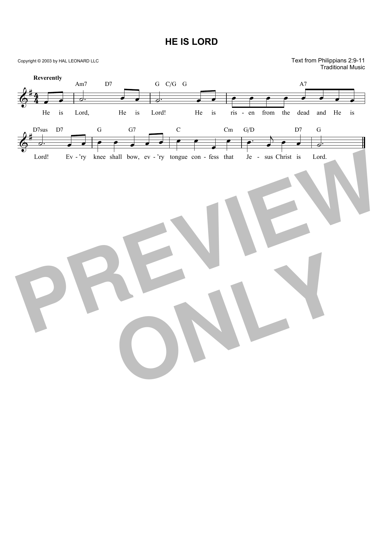 Traditional He Is Lord Sheet Music Notes & Chords for Melody Line, Lyrics & Chords - Download or Print PDF