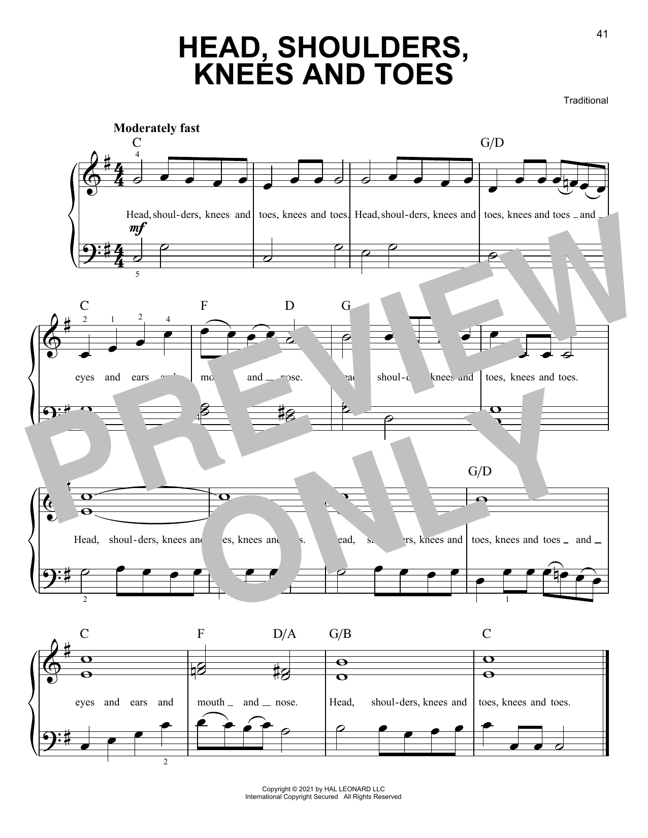 Traditional Head, Shoulders, Knees And Toes Sheet Music Notes & Chords for Easy Piano - Download or Print PDF