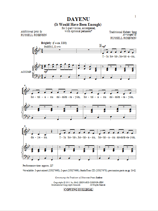 Traditional Hebrew Melody Dayeinu (arr. Russell Robinson) Sheet Music Notes & Chords for 2-Part Choir - Download or Print PDF