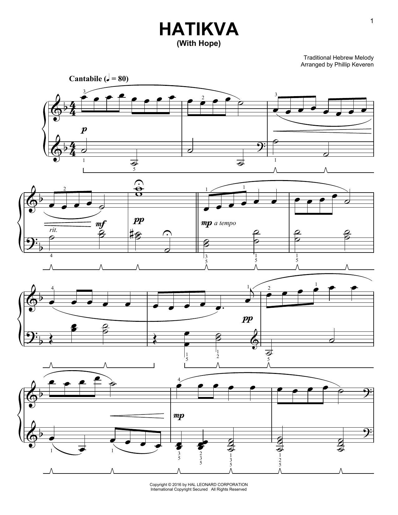 Traditional Hebrew Melody Hatikvah (With Hope) [Classical version] (arr. Phillip Keveren) Sheet Music Notes & Chords for Easy Piano - Download or Print PDF