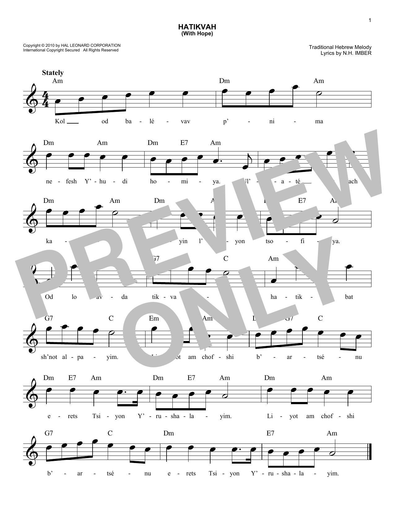 N.H. Imber HaTikvah (With Hope) Sheet Music Notes & Chords for Melody Line, Lyrics & Chords - Download or Print PDF