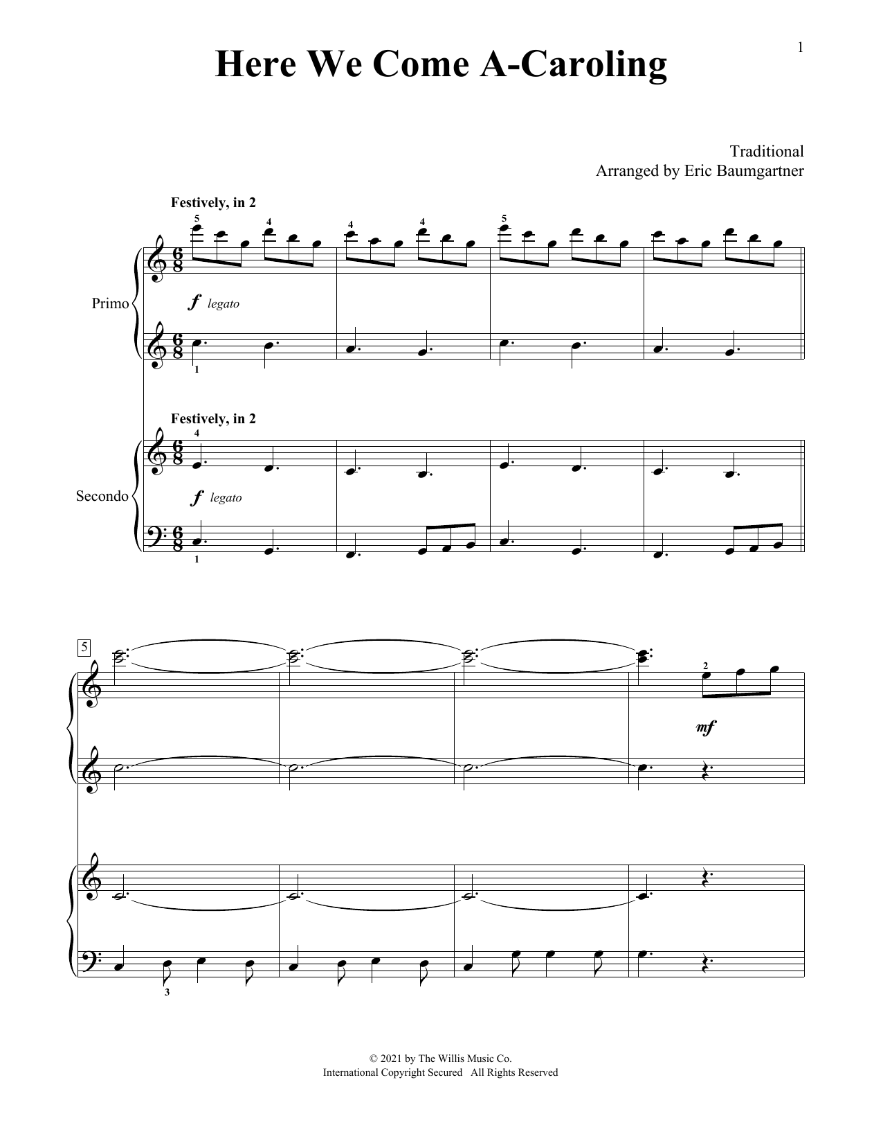 Traditional Here We Come A-Caroling (arr. Eric Baumgartner) Sheet Music Notes & Chords for Piano Duet - Download or Print PDF