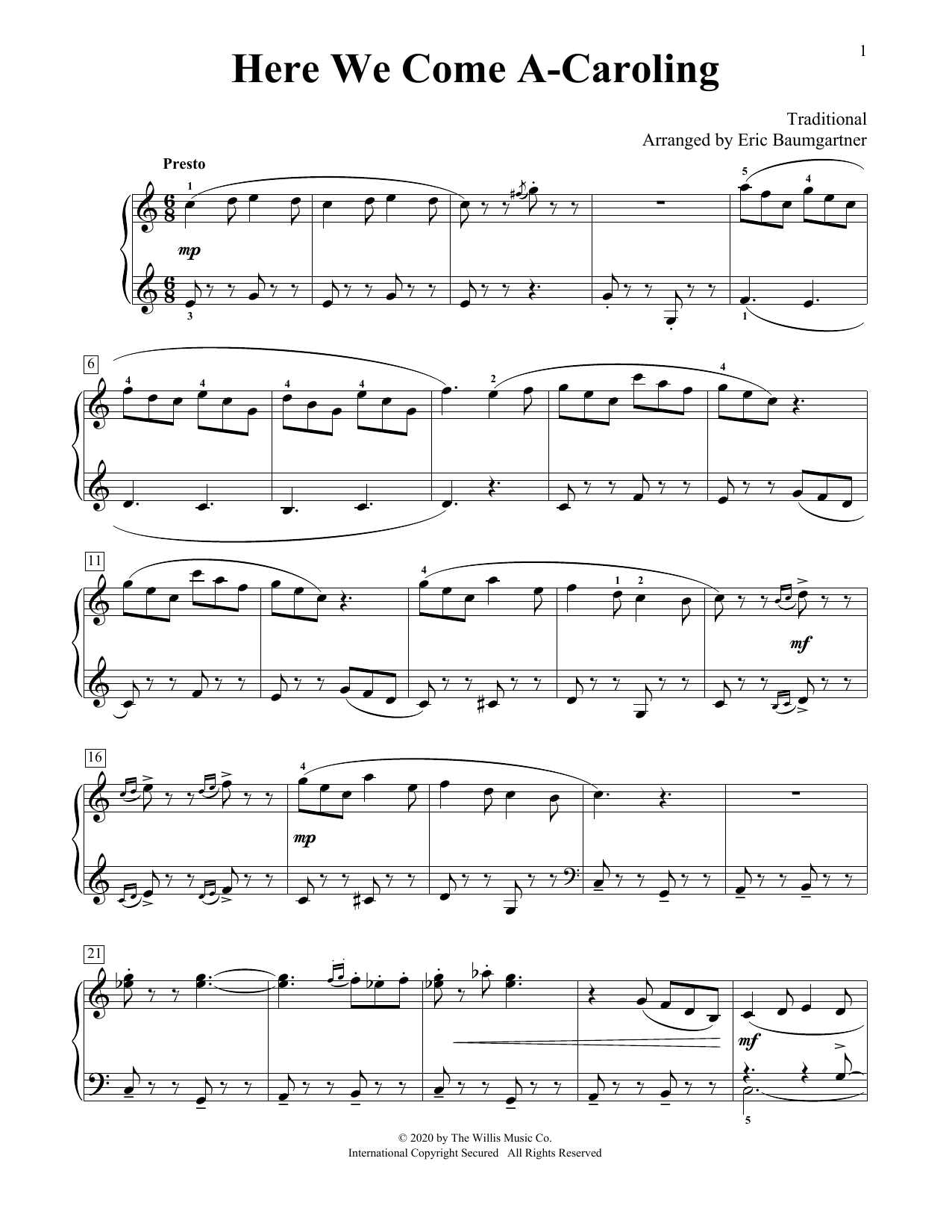 Traditional Here We Come A-Caroling [Jazz version] (arr. Eric Baumgartner) Sheet Music Notes & Chords for Educational Piano - Download or Print PDF