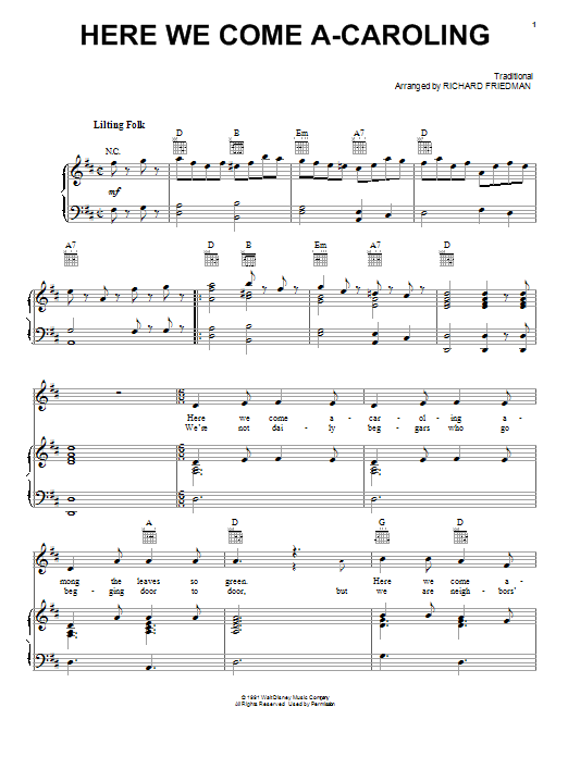 Traditional Here We Come A-Caroling Sheet Music Notes & Chords for Piano, Vocal & Guitar (Right-Hand Melody) - Download or Print PDF
