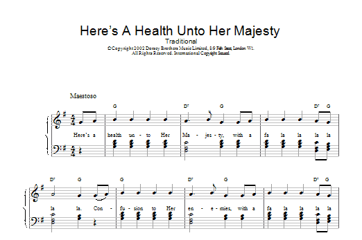 Traditional Here's A Health Unto Her Majesty Sheet Music Notes & Chords for Piano, Vocal & Guitar (Right-Hand Melody) - Download or Print PDF