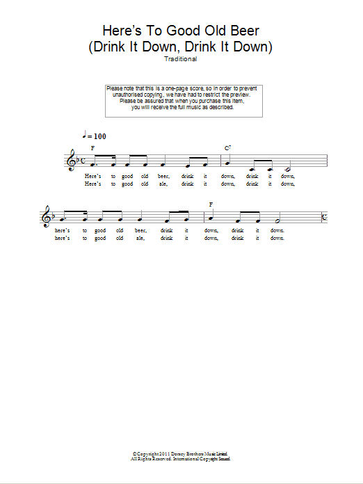 Traditional Here's To Good Old Beer (Drink It Down, Drink It Down) Sheet Music Notes & Chords for Melody Line, Lyrics & Chords - Download or Print PDF