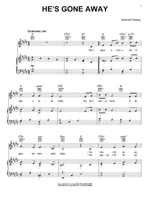 Traditional He's Gone Away Sheet Music Notes & Chords for Piano, Vocal & Guitar (Right-Hand Melody) - Download or Print PDF