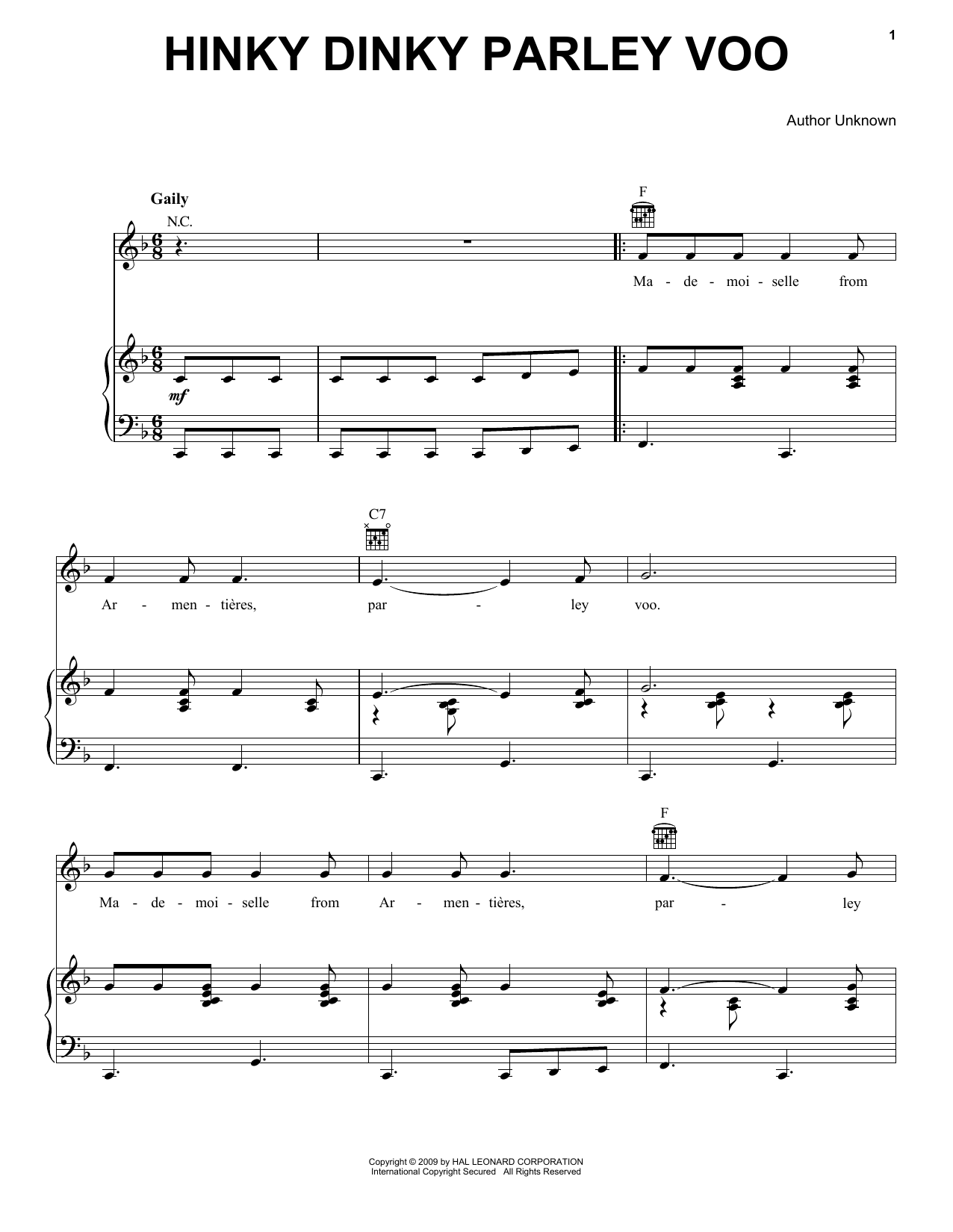 Traditional Hinky Dinky Parley Voo Sheet Music Notes & Chords for Piano, Vocal & Guitar Chords (Right-Hand Melody) - Download or Print PDF
