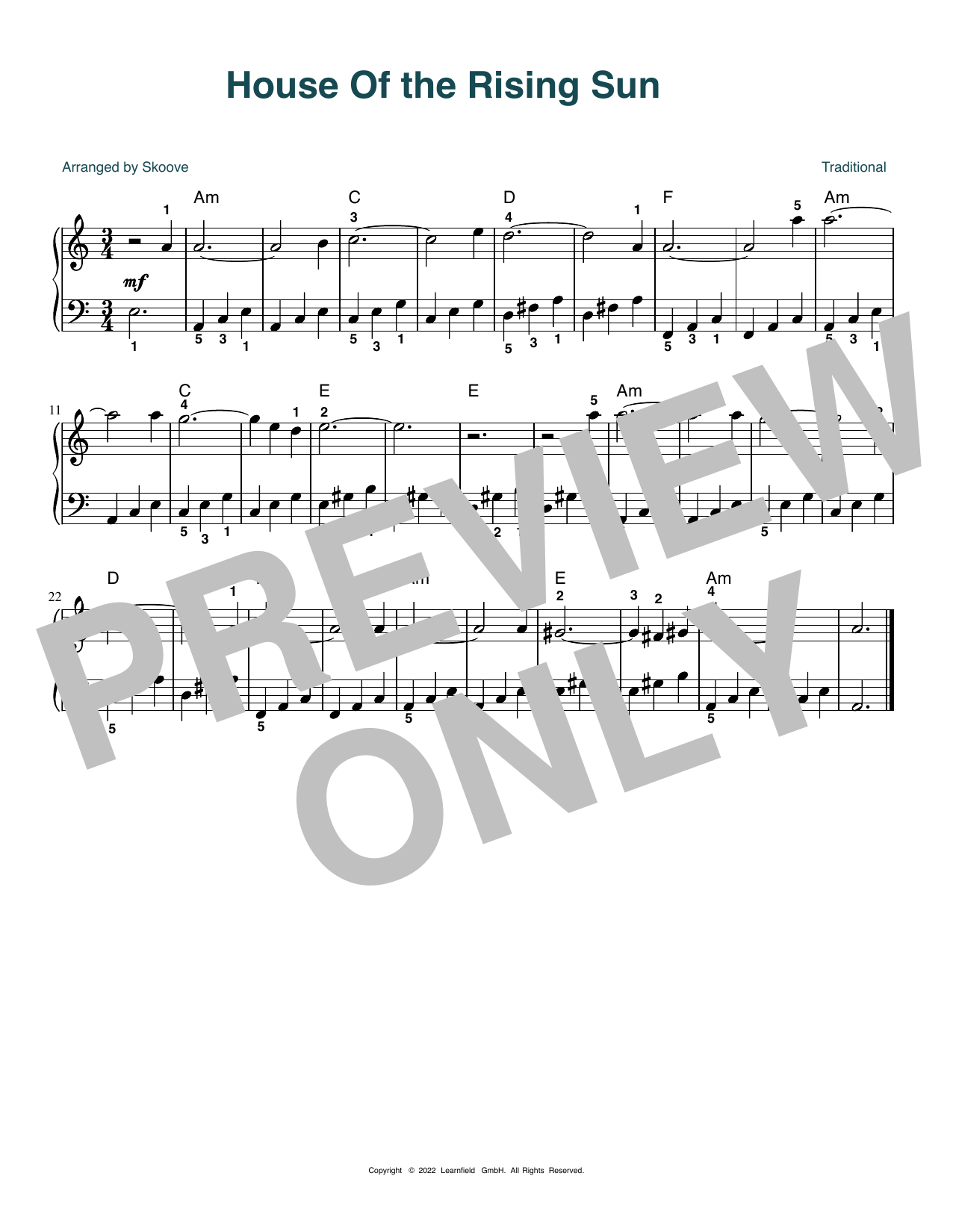 Traditional House of the Rising Sun (arr. Skoove) Sheet Music Notes & Chords for Easy Piano - Download or Print PDF