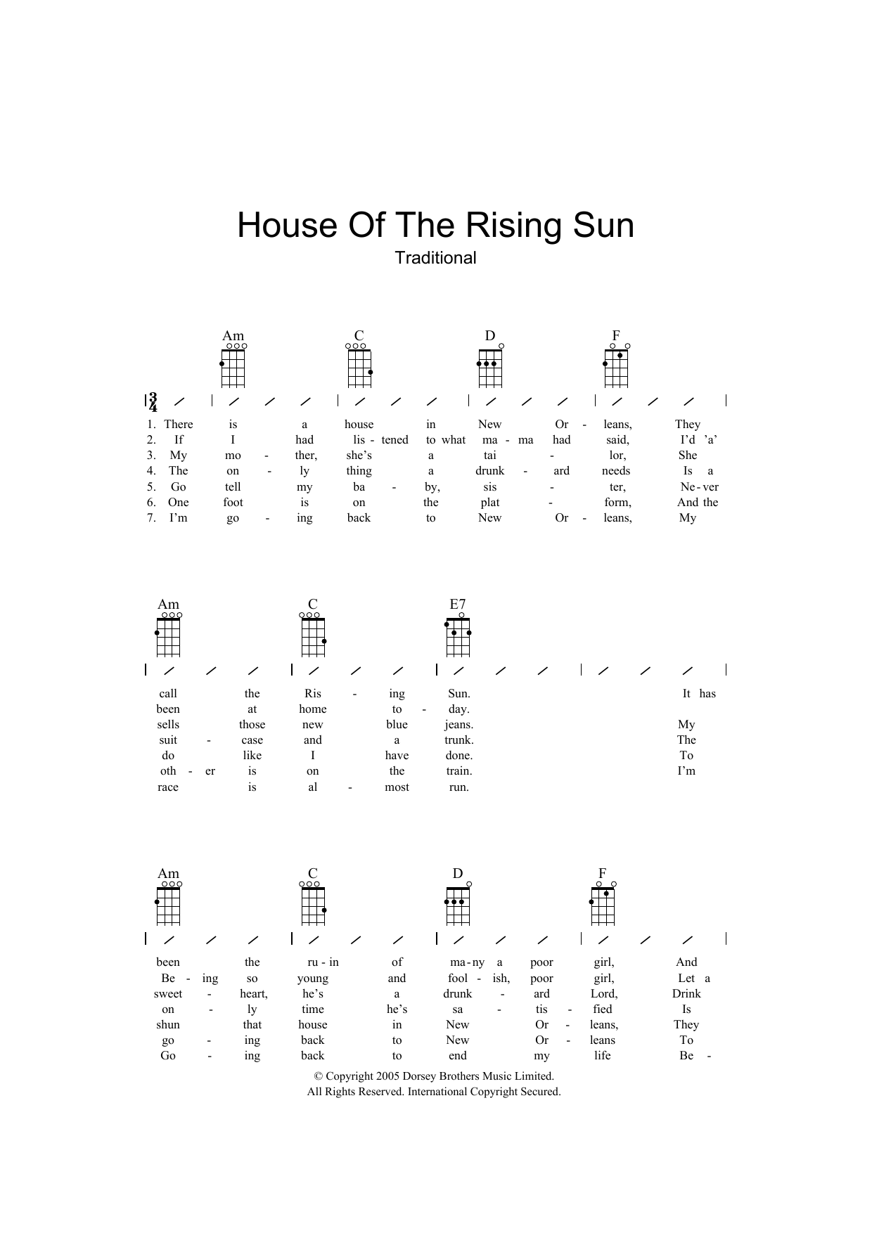 Traditional House Of The Rising Sun Sheet Music Notes & Chords for Ukulele with strumming patterns - Download or Print PDF