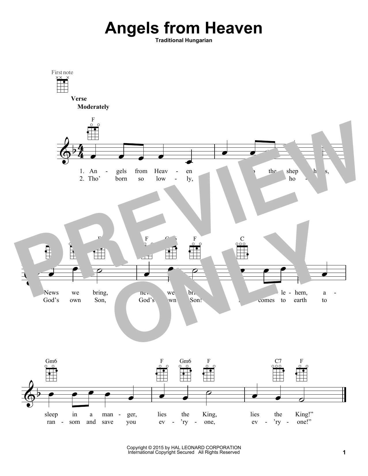 Traditional Hungarian Angels From Heaven Sheet Music Notes & Chords for Melody Line, Lyrics & Chords - Download or Print PDF