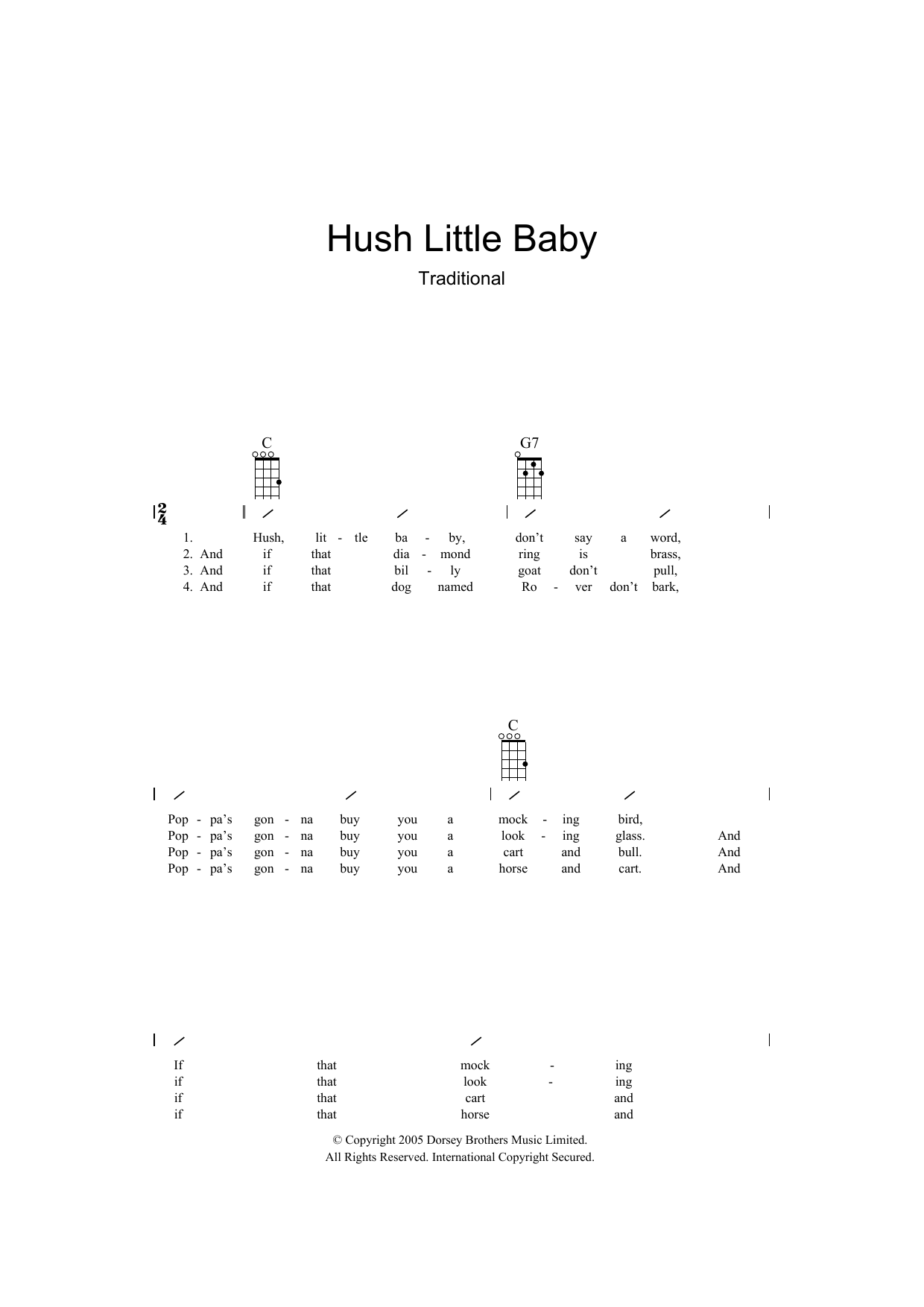 Traditional Hush Little Baby Sheet Music Notes & Chords for Ukulele with strumming patterns - Download or Print PDF