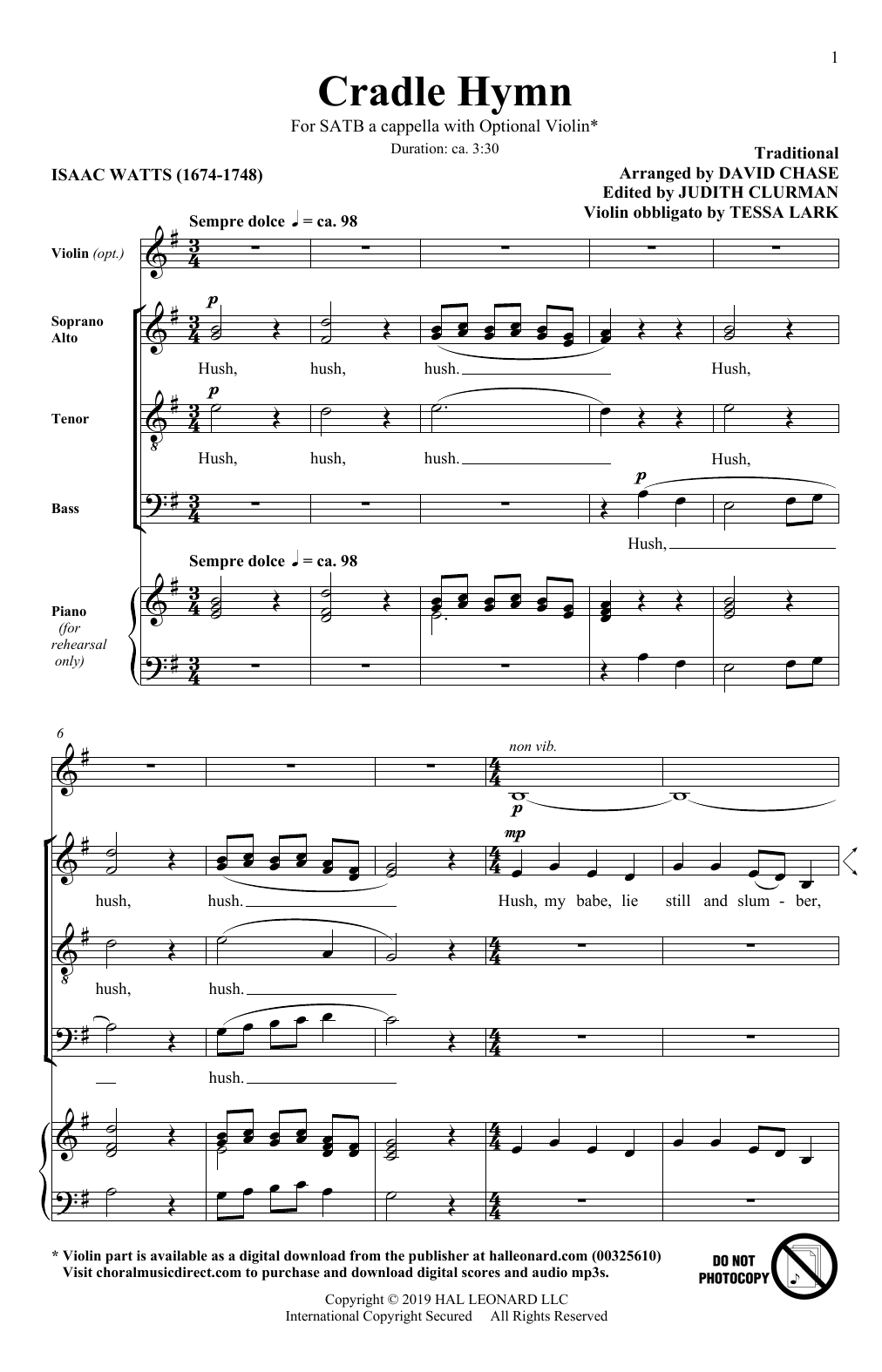 Traditional Hymn Cradle Hymn (arr. David Chase) Sheet Music Notes & Chords for SATB Choir - Download or Print PDF