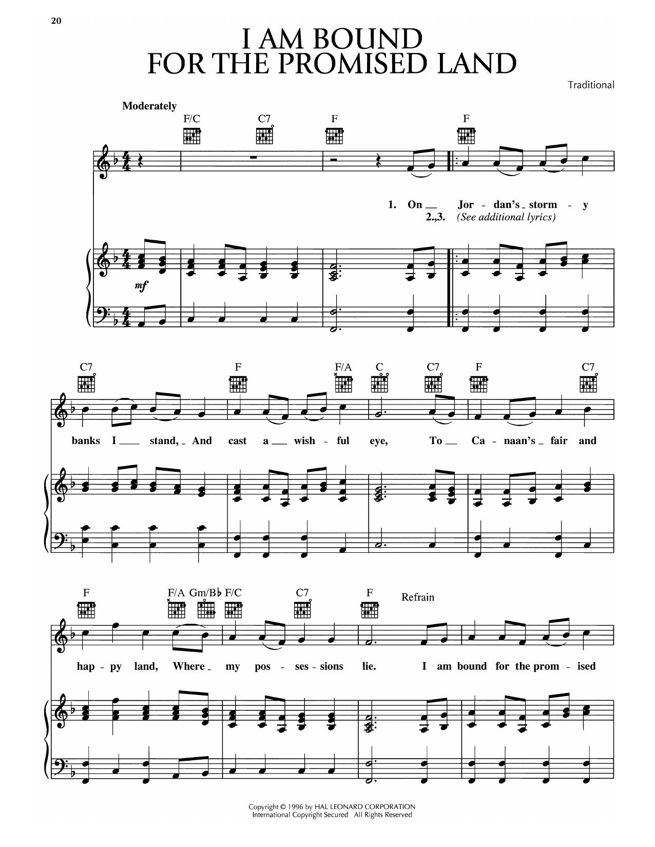 Traditional I Am Bound For The Promised Land Sheet Music Notes & Chords for Piano, Vocal & Guitar Chords (Right-Hand Melody) - Download or Print PDF