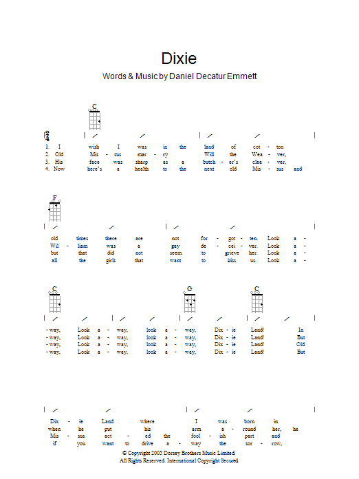 Traditional Dixie Sheet Music Notes & Chords for Ukulele with strumming patterns - Download or Print PDF