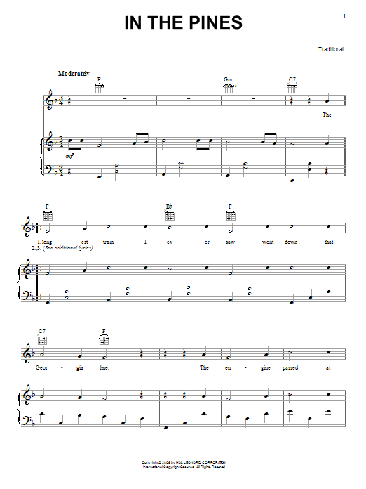 Traditional In The Pines Sheet Music Notes & Chords for Piano, Vocal & Guitar (Right-Hand Melody) - Download or Print PDF