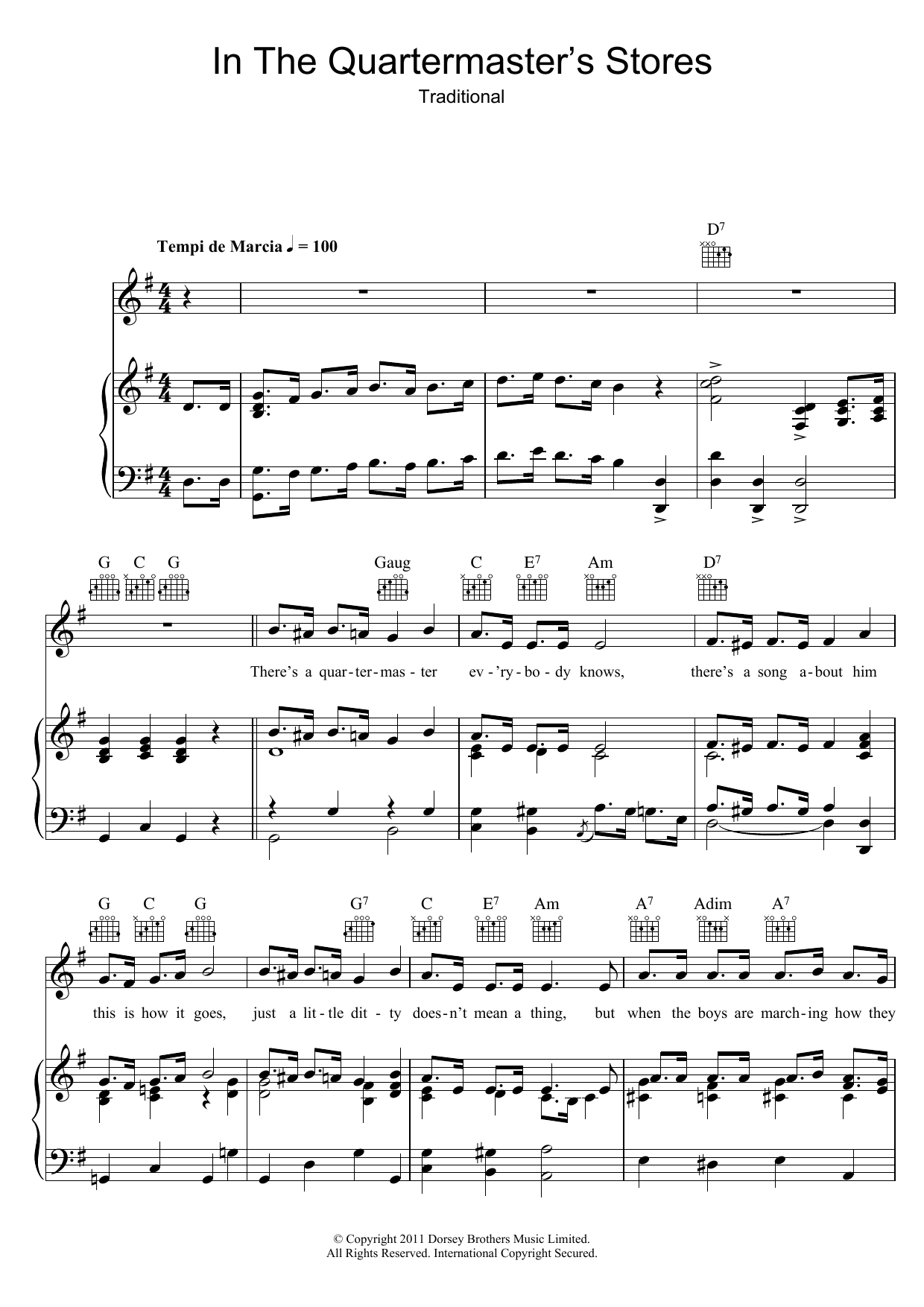 Traditional In The Quartermaster's Store Sheet Music Notes & Chords for Piano, Vocal & Guitar (Right-Hand Melody) - Download or Print PDF