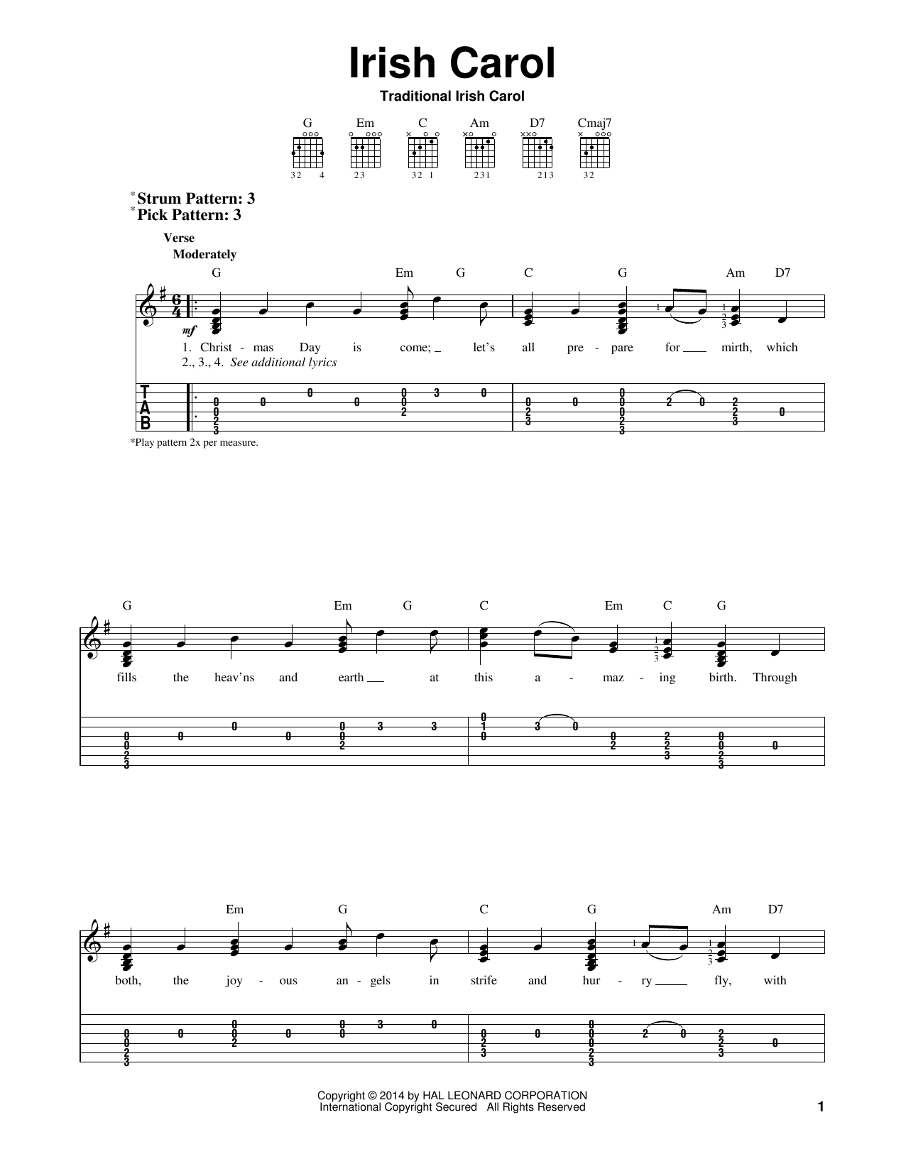 Traditional Irish Carol Irish Carol Sheet Music Notes & Chords for Easy Guitar Tab - Download or Print PDF