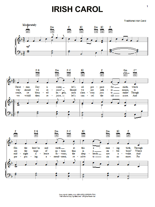 Traditional Irish Carol Sheet Music Notes & Chords for Piano, Vocal & Guitar (Right-Hand Melody) - Download or Print PDF