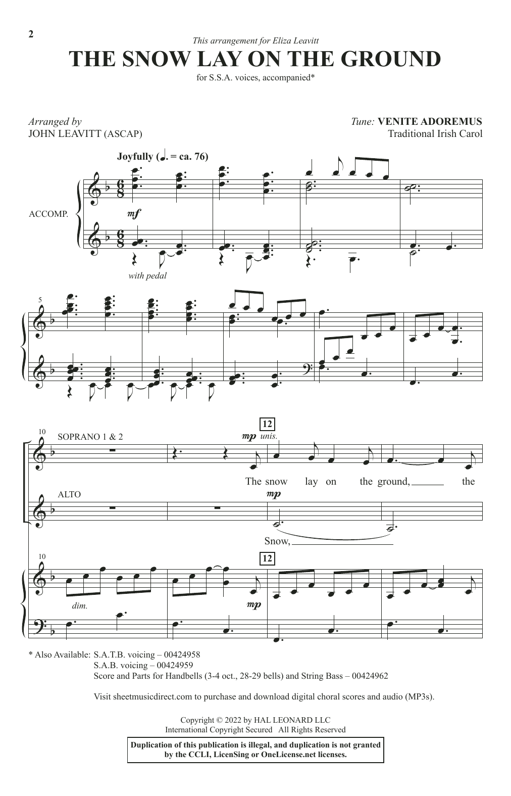Traditional Irish Carol The Snow Lay On The Ground (arr. John Leavitt) Sheet Music Notes & Chords for SSA Choir - Download or Print PDF