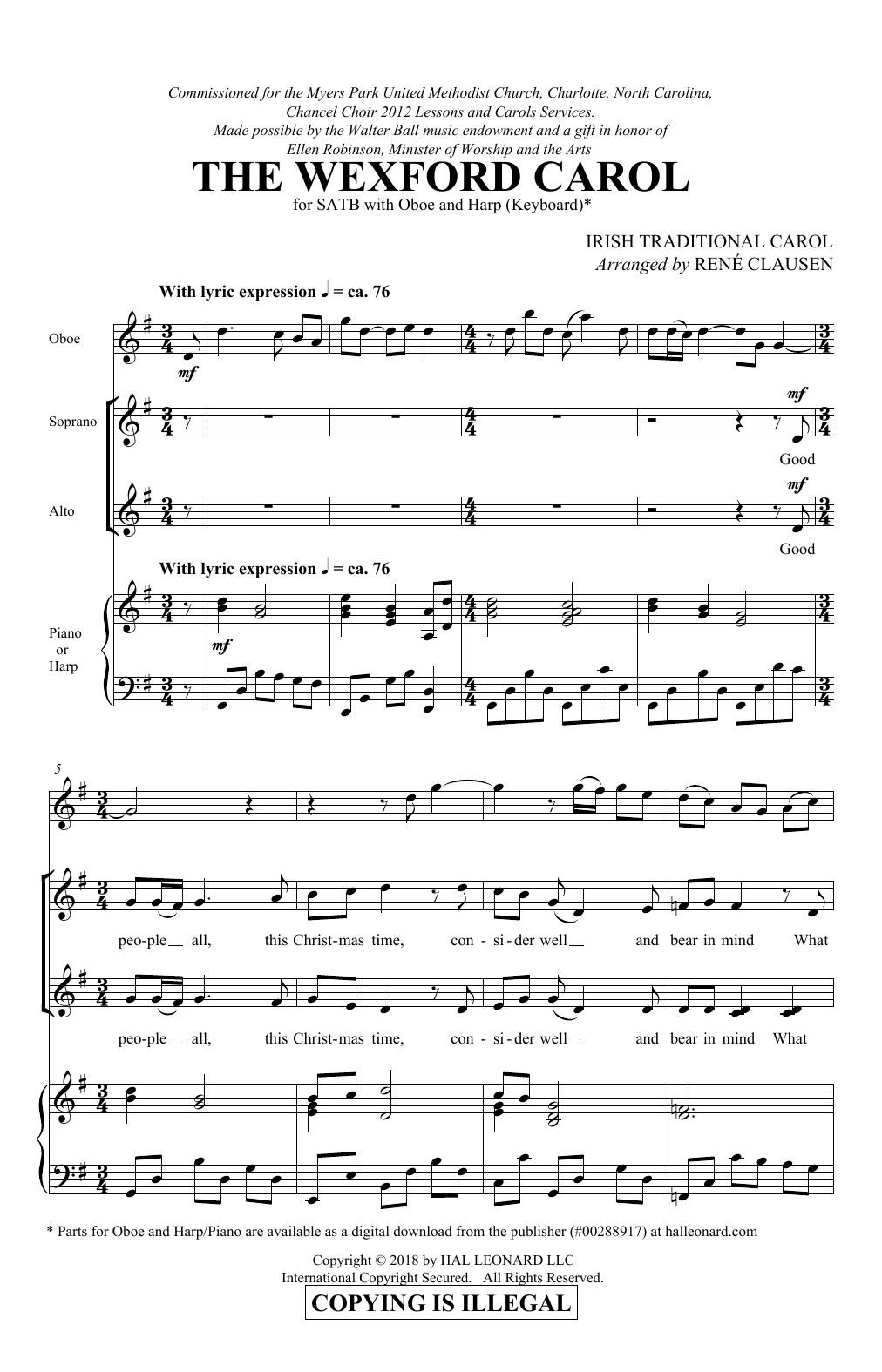 Traditional Irish Carol The Wexford Carol (arr. Rene Clausen) Sheet Music Notes & Chords for SATB Choir - Download or Print PDF